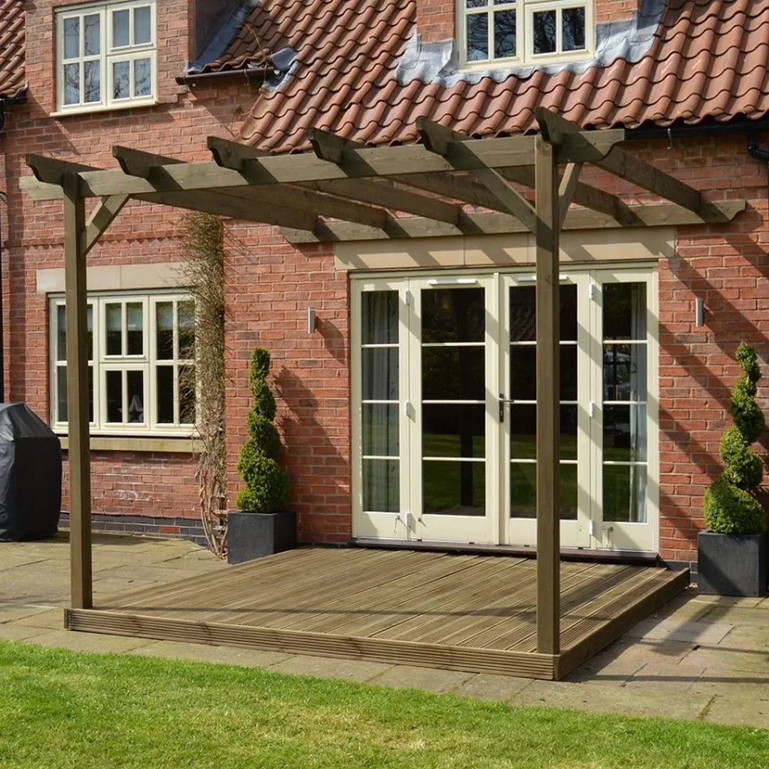 Rutland County Garden Furniture Ltd Wall Mounted Pergola & Decking Kit, L240 x W240 cm, Rustic Brown 2