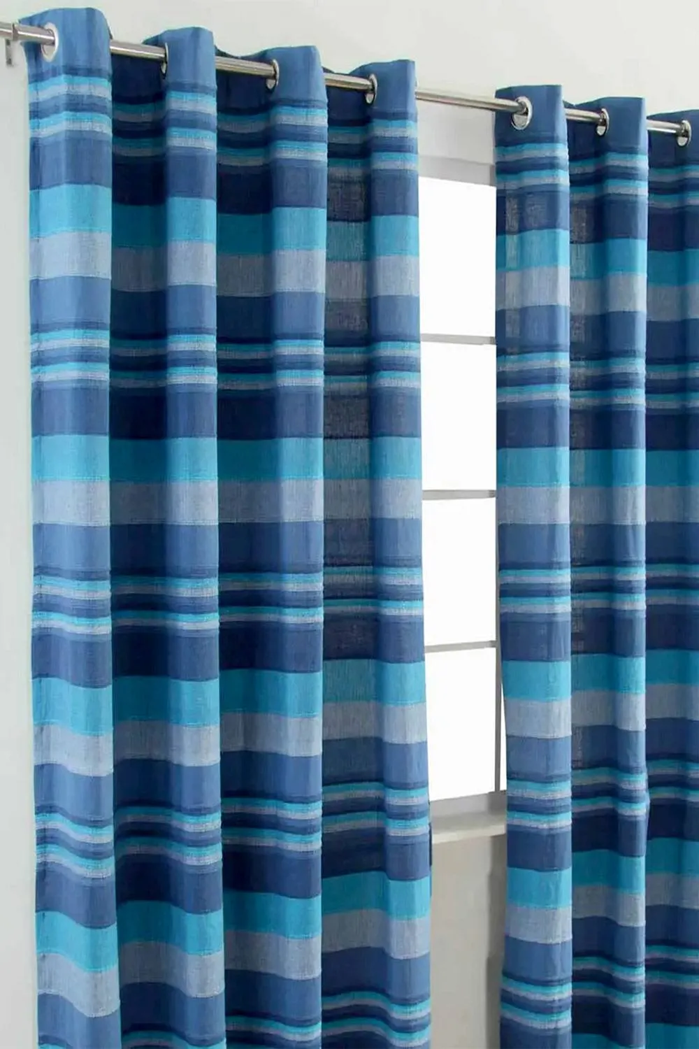 Homescapes Cotton Morocco Striped Curtain Pair in Blue 2
