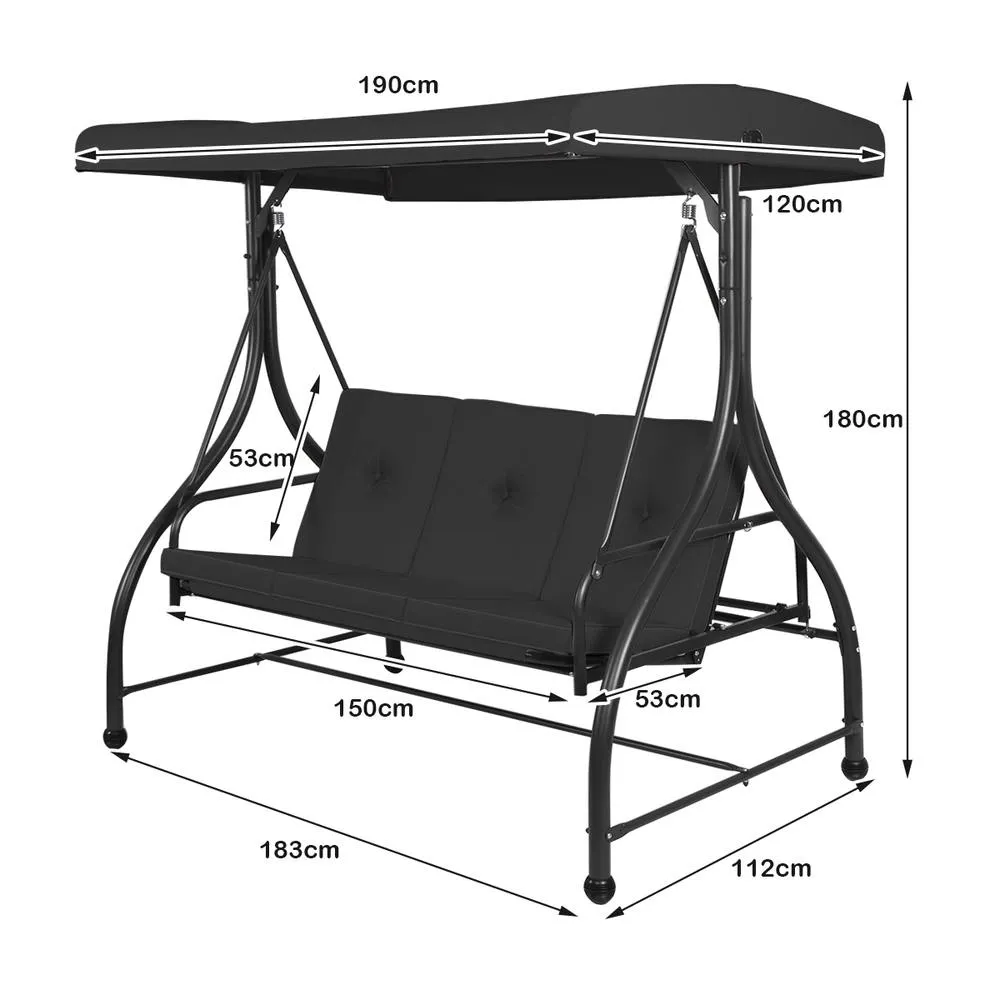 Costway Garden Patio Swing Chair 3 Seater Hammock Bench Convertible Canopy Cushion Seats in Black 6