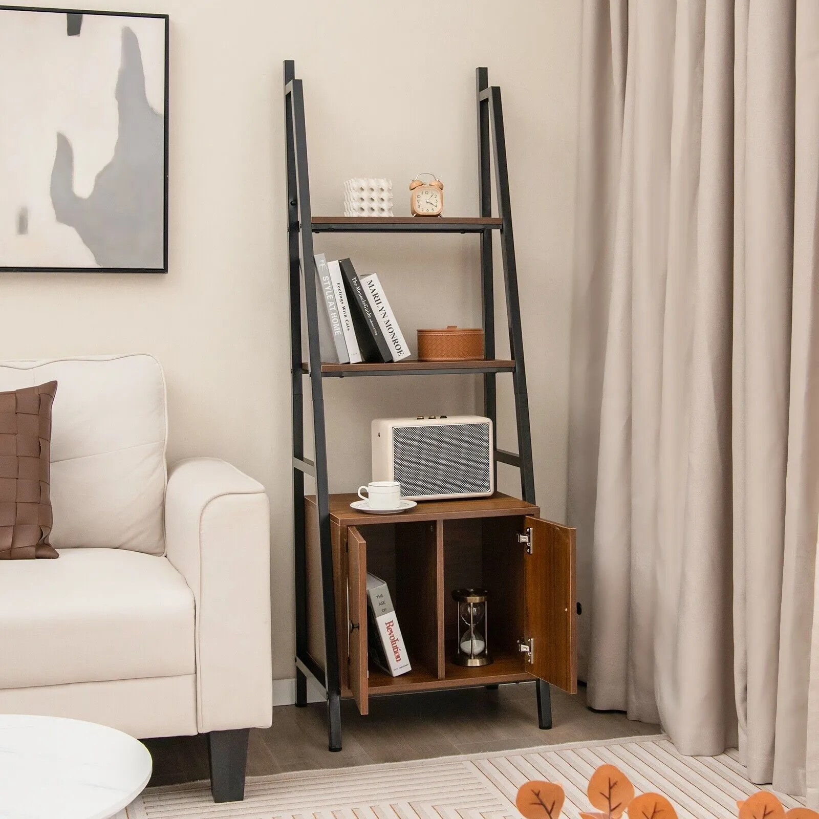 Costway 4 Tiers Ladder Shelf with Cabinet 160 CM Tall Bookshelf Industrial Bookcase in Brown 3