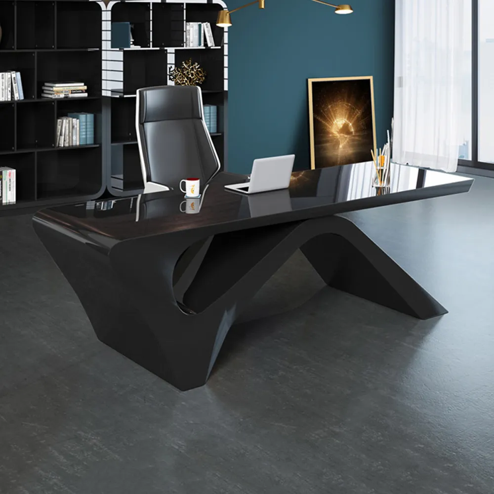 Modern Black Computer Desk Rectangular Office Desk with Pedestal Base (1400mm)
