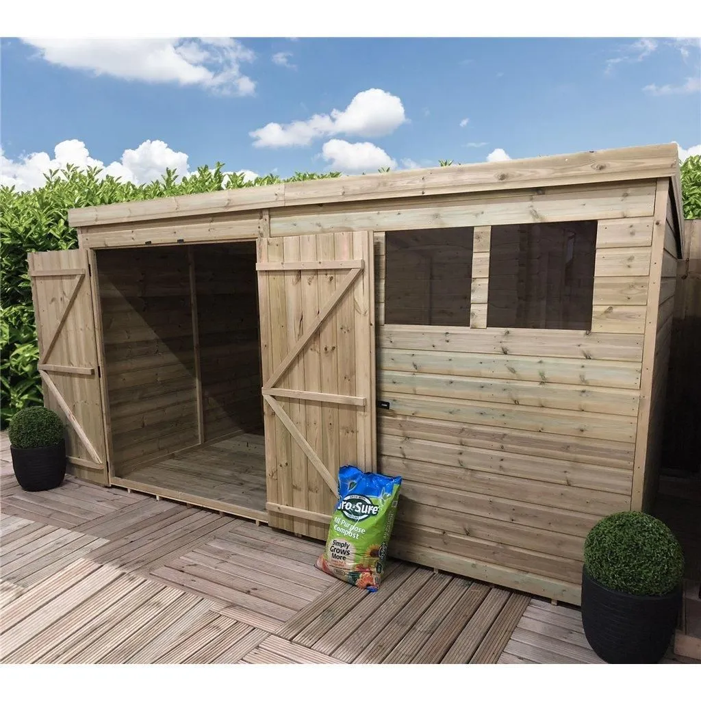Marlborough 12 x 4 Pressure Treated Pent Garden Shed with Double Doors in Natural 6