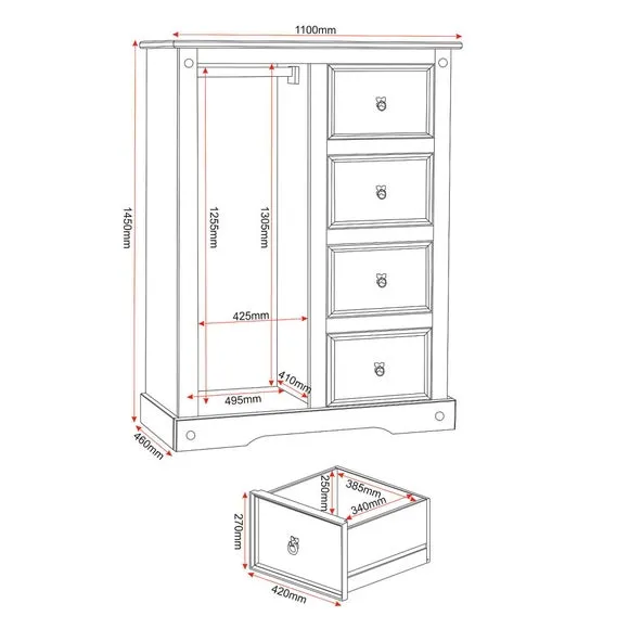 Corona Single 4 Drawer Wardrobe, Pine 6