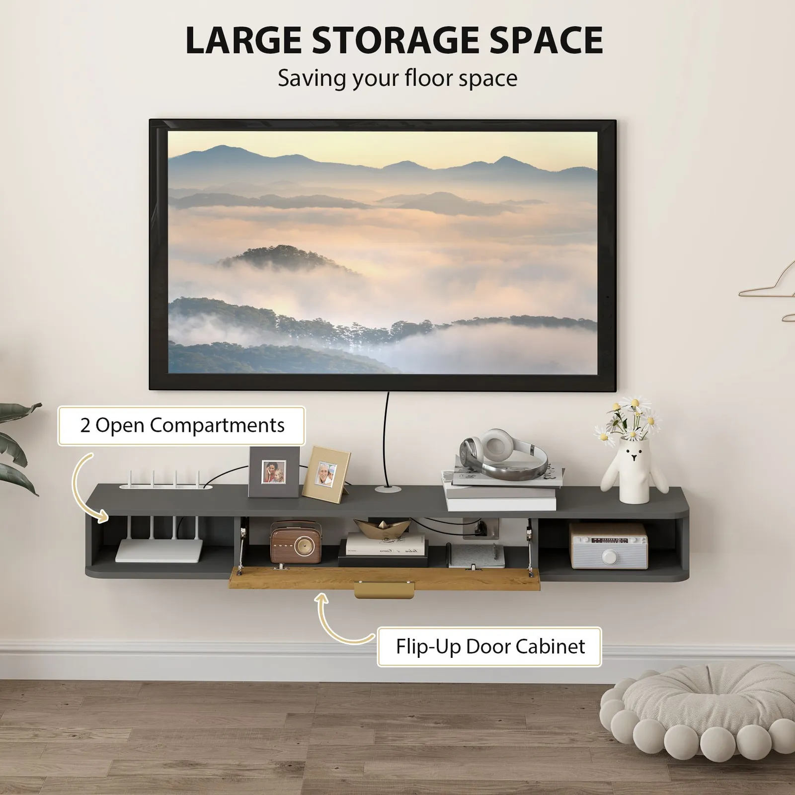 HOMCOM 140 cm Floating TV Unit with Storage Entertainment Media Console Grey in Dark Grey 6