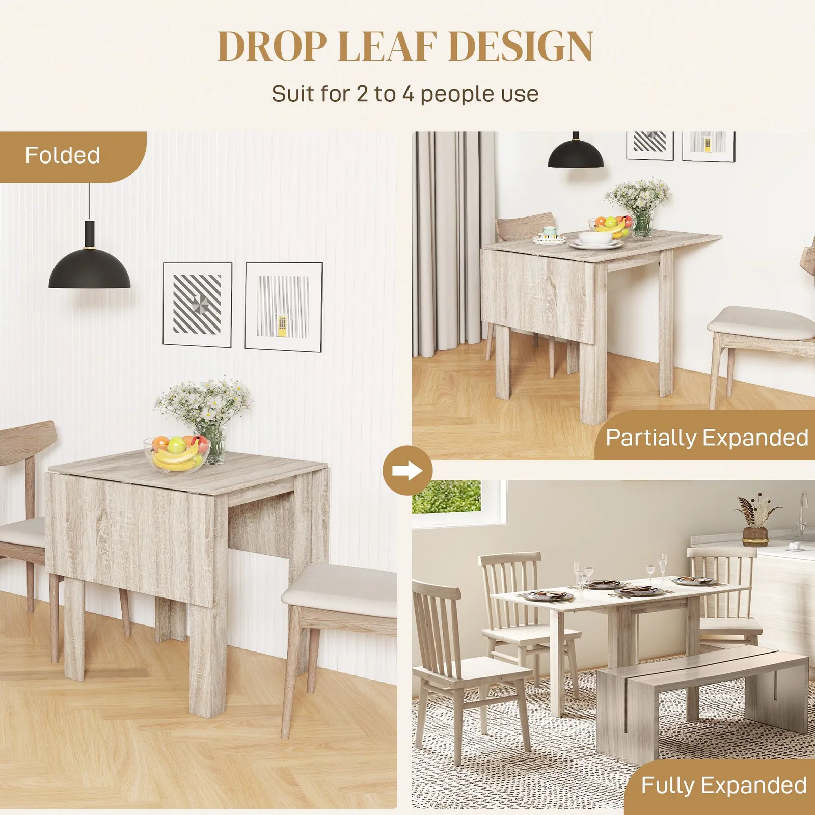 HOMCOM Extendable Kitchen Table Folding Dining Table for Small Space in Light Oak 4
