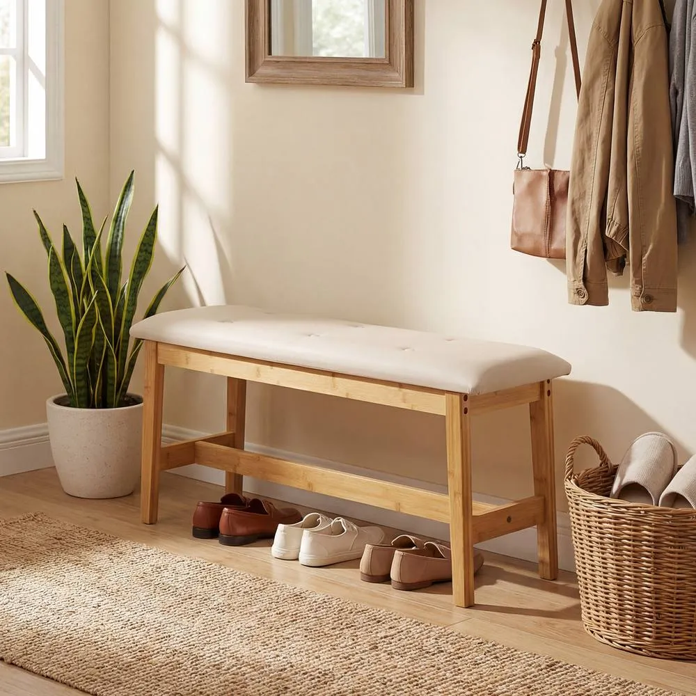 Costway 100CM Upholstered Bench Button Tufted End of Bed Bench w/Padded Seat in Natural 5