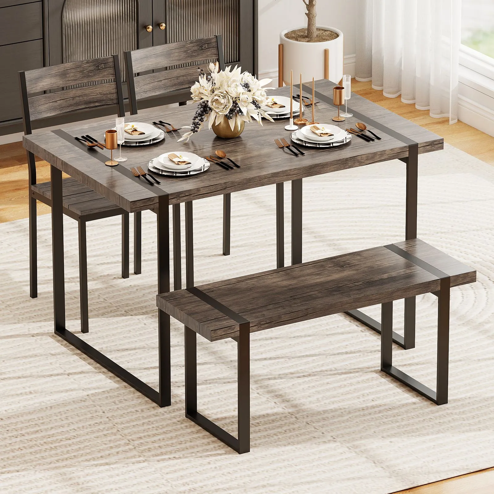 Costway 4PCS Dining Table Set for 4 Wooden Rectangular Kitchen Table in Grey 3