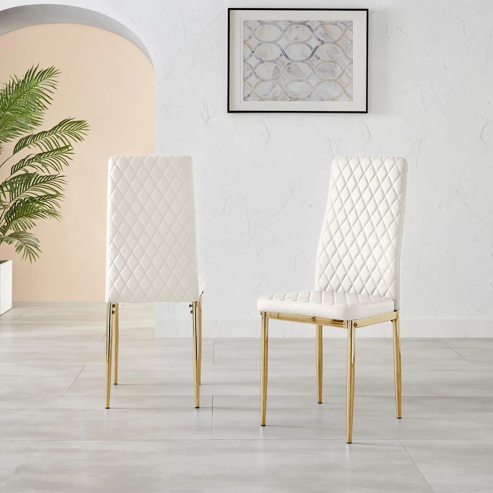 FurnitureboxUK Set of 4 Milan High Back Soft Touch Diamond Pattern Faux Leather Dining Chairs With Gold Chrome Metal Legs in White 3