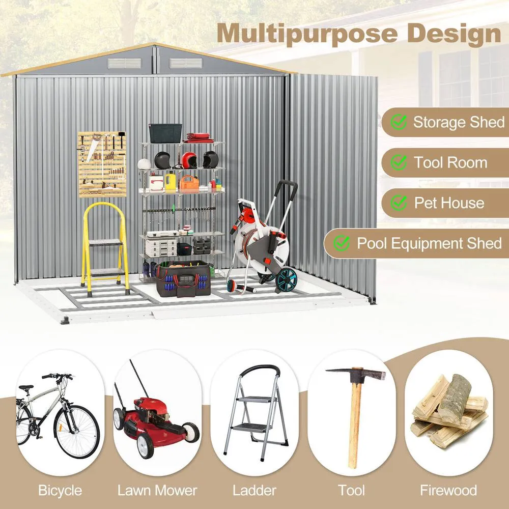 Costway 2.6 x 2M Outdoor Storage Shed Galvanized Steel Garden Tool House w/Lockable Door in Natural 4