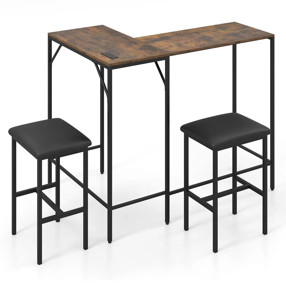 Costway 3-Piece Bar Table & Chair Set L-Shaped Table 2 AC Outlets in Brown 6
