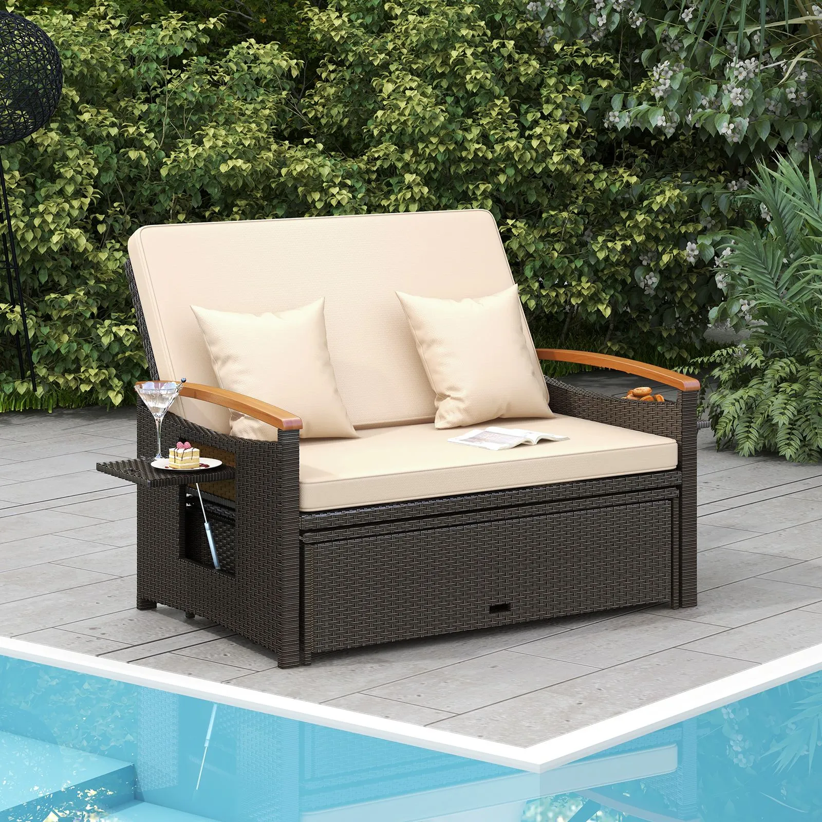 Costway Outdoor Wicker Daybed Rattan Woven Loveseat with Folding Panels & Storage Ottoman in Brown 4