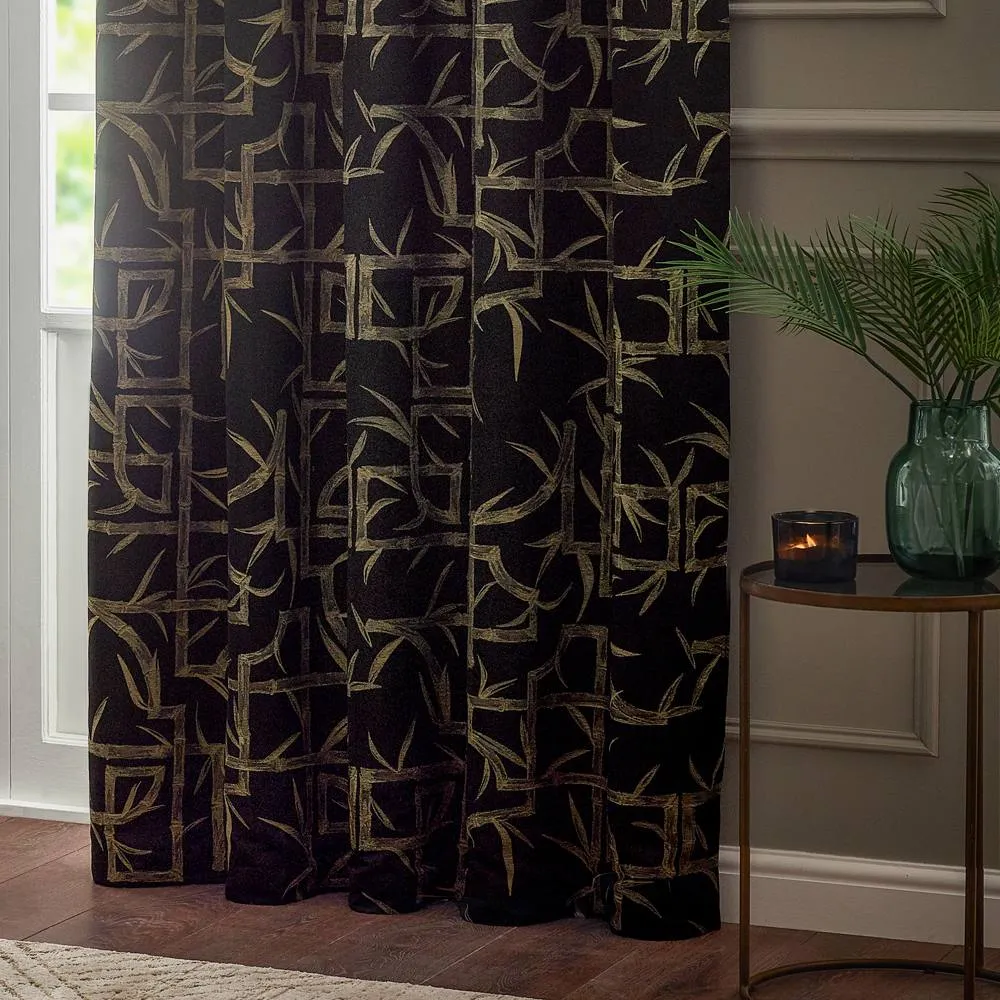 Paoletti Bamboo Fully Lined Jacquard Eyelet Curtain Pair in Black 4