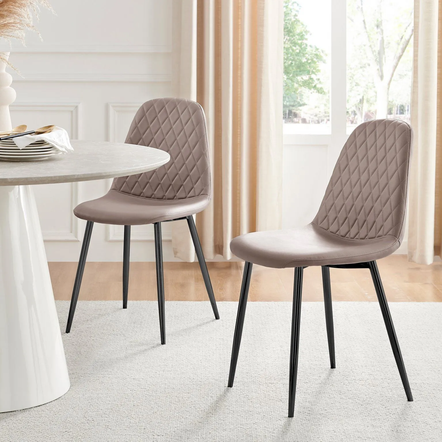 FurnitureboxUK 2x Corona Black Leg Faux Leather Dining Chair in Beige