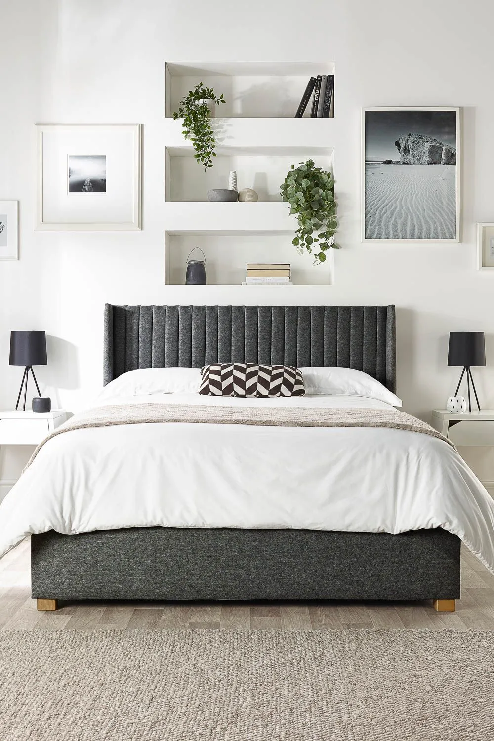 Catherine Lansfield Soho Ottoman Storage Wing Bed in Saxon Twill Fabric, Custom Made in Charcoal