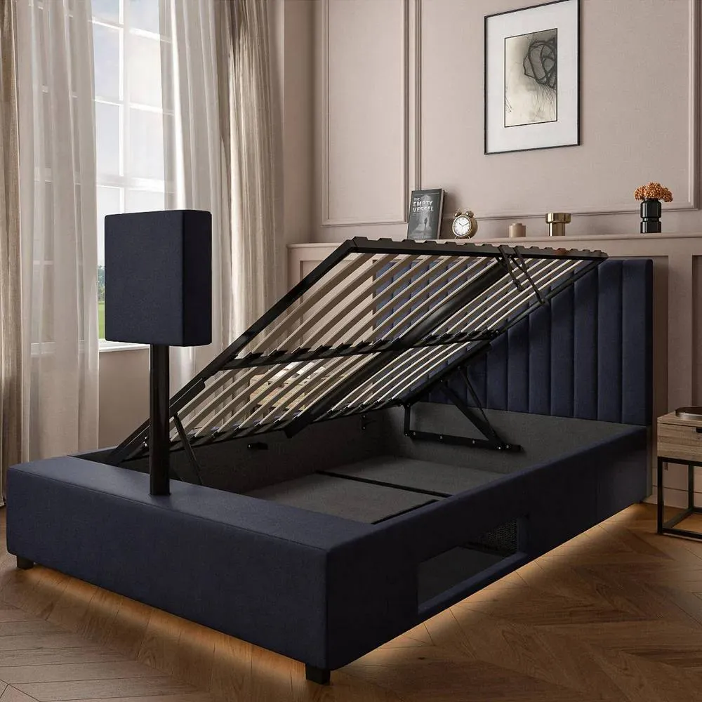 X Rocker Maisie Velvet Upholstered Ottoman TV Bed with Storage & LED Lights in Navy 5