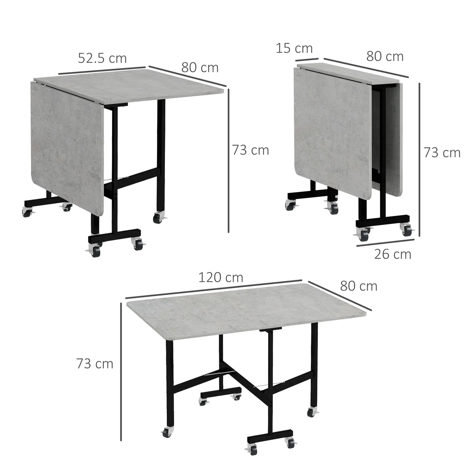 HOMCOM Drop Leaf Table, Folding Dining Table with Metal Frame, Rolling Kitchen Dining Table for Small Spaces, 120cm in Grey 3