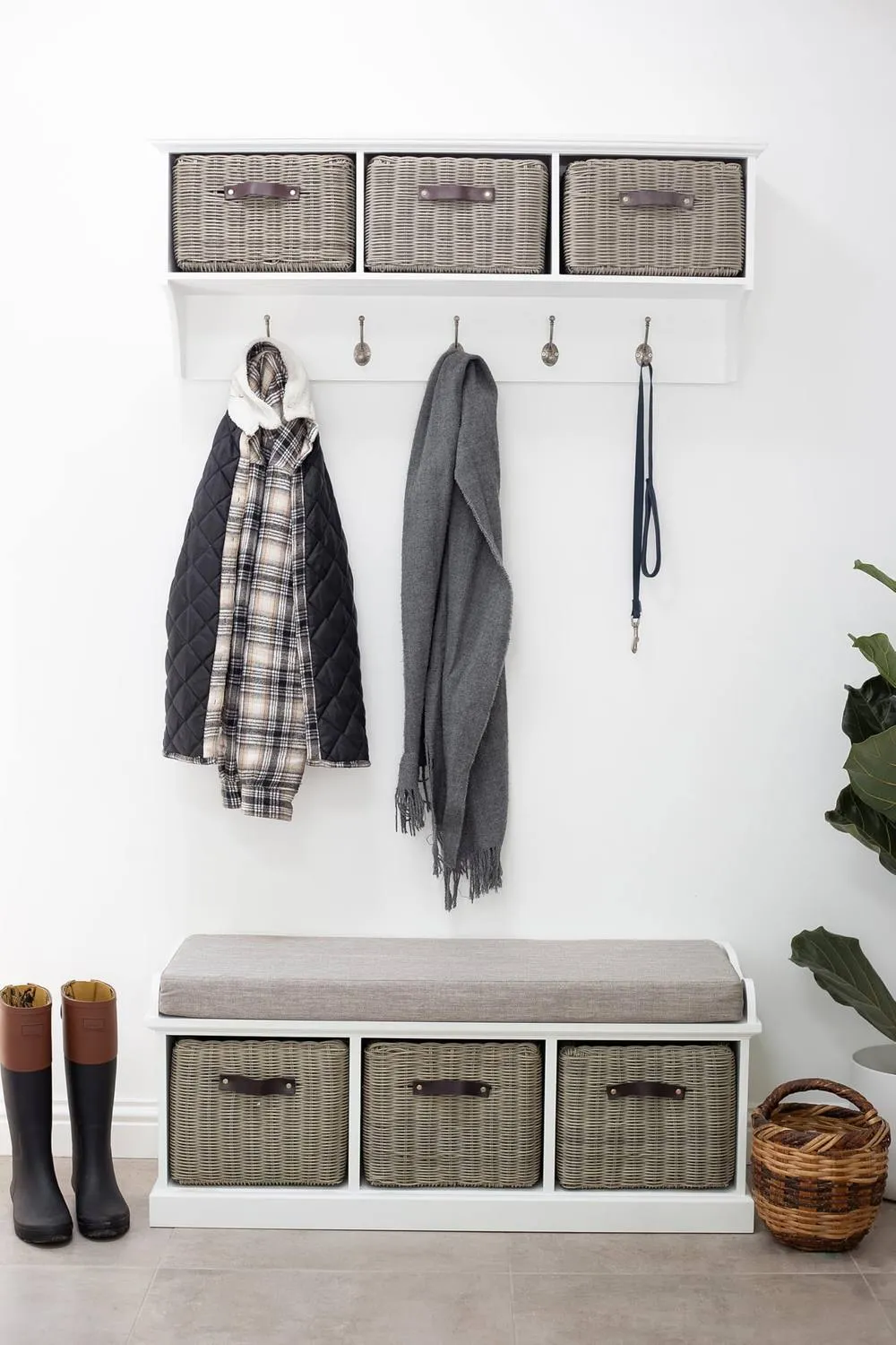 Statement Furniture Tetbury Bench with 3 Grey Faux Rattan Baskets & Grey Cushion in White 4