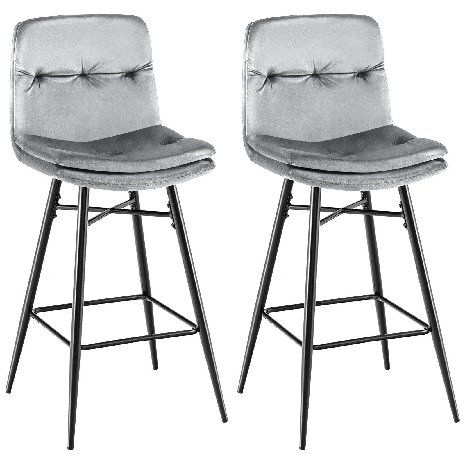 Costway Set of 2 Bar Stools Velvet Counter Height Chair Upholstered High Dining Chairs in Grey