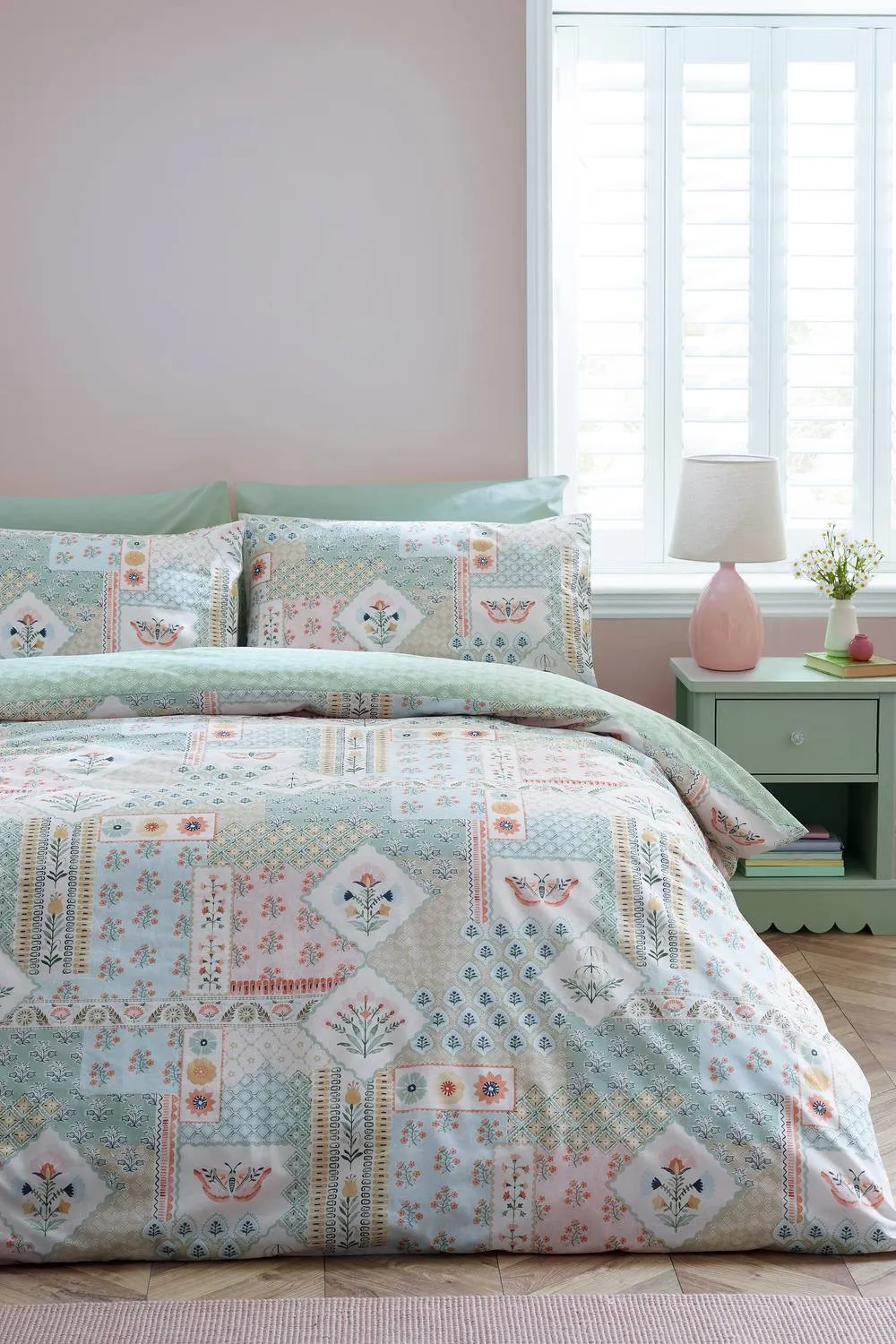 Catherine Lansfield 'Folk Patchwork' Reversible Duvet Cover Set in Green 1