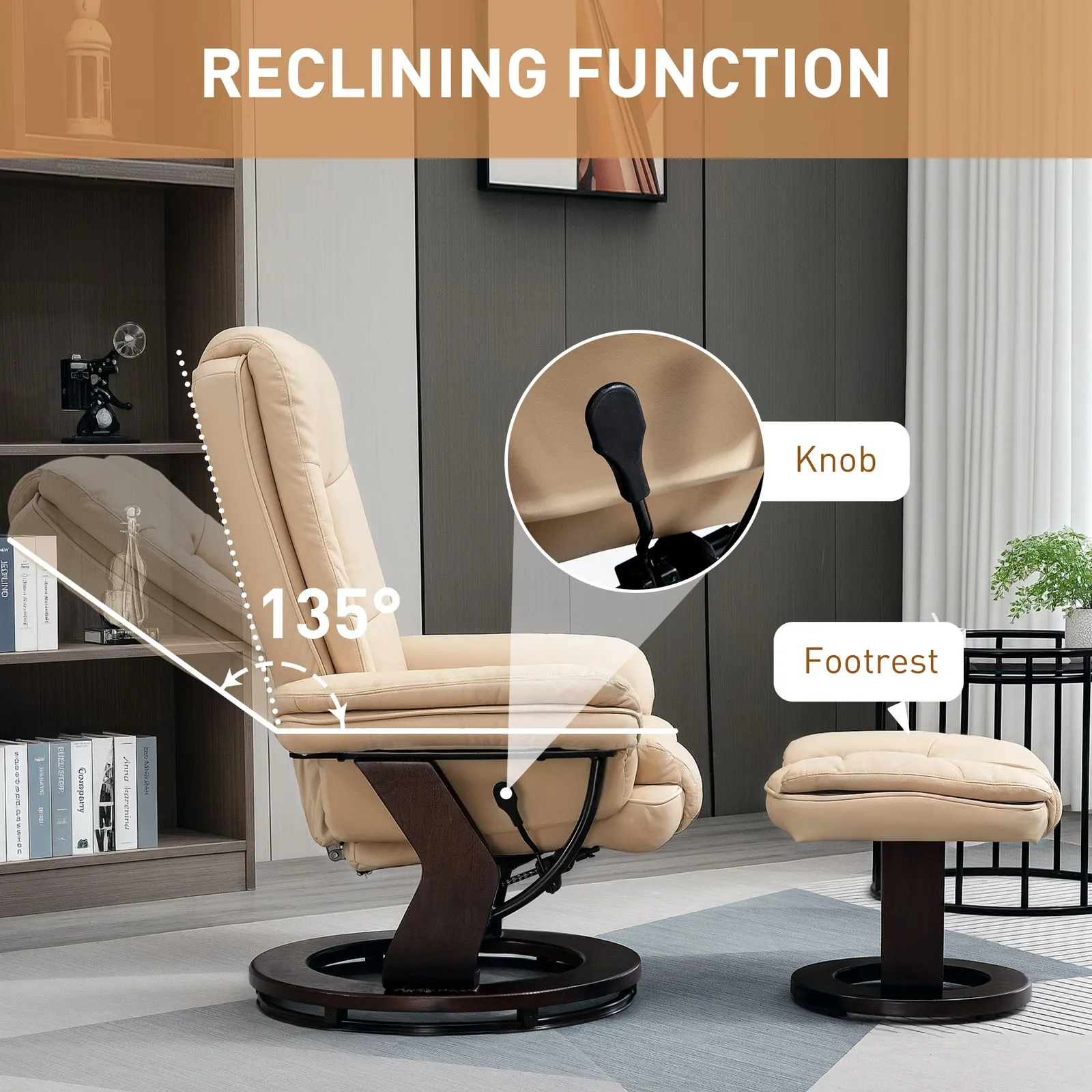 HOMCOM Swivel Manual Recliner & Footrest Set PU Leather Lounge Chair Beige 4