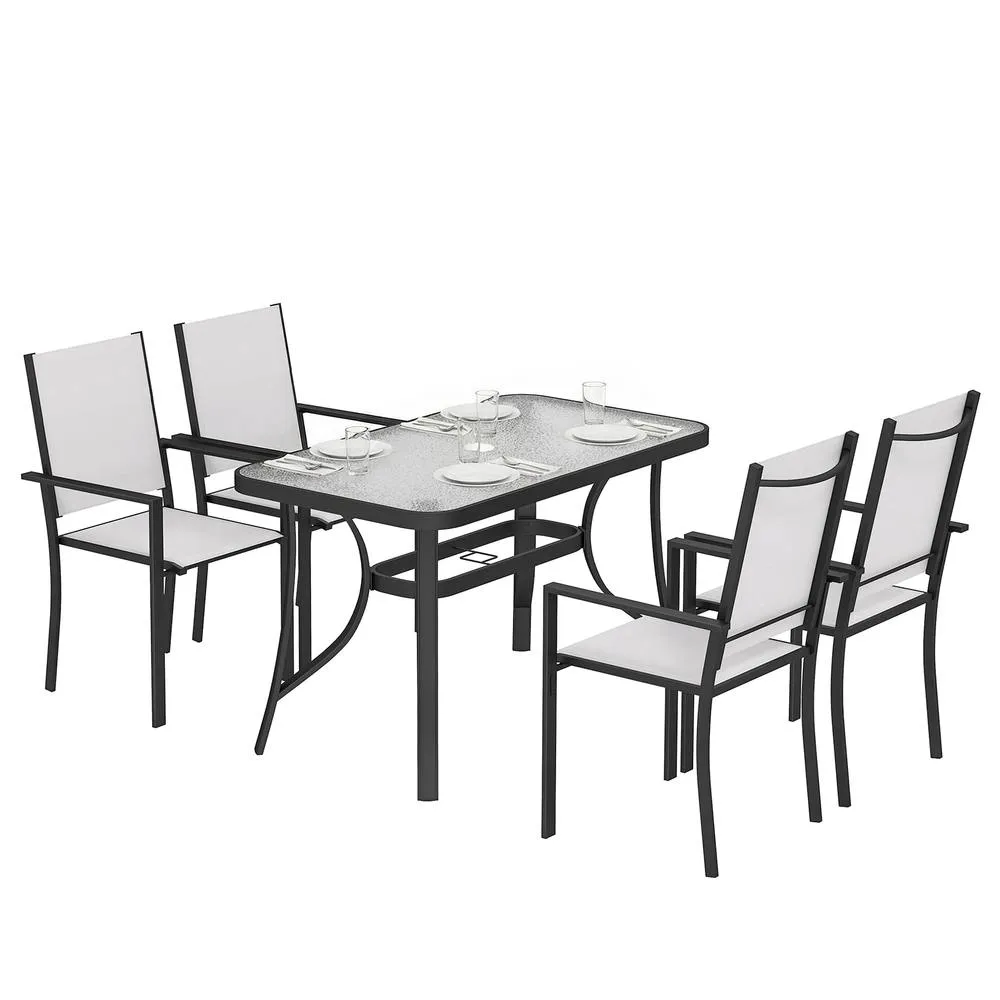 OUTSUNNY Garden Dining Set with Umbrella Hole, Stackable Chairs, Light Grey 2