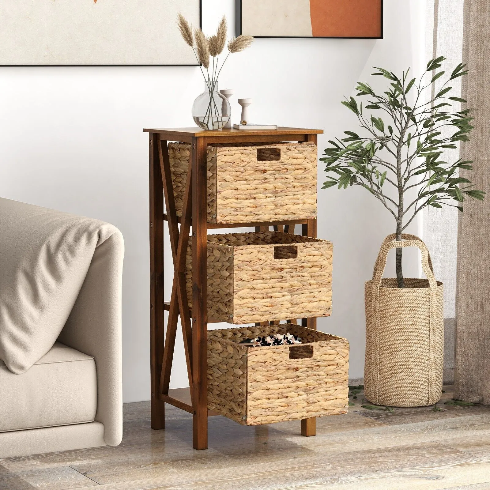 Costway Set of 2 Nightstand 3-Tier Sofa Side Table X-Shaped 3-Drawer End Table in Brown 4