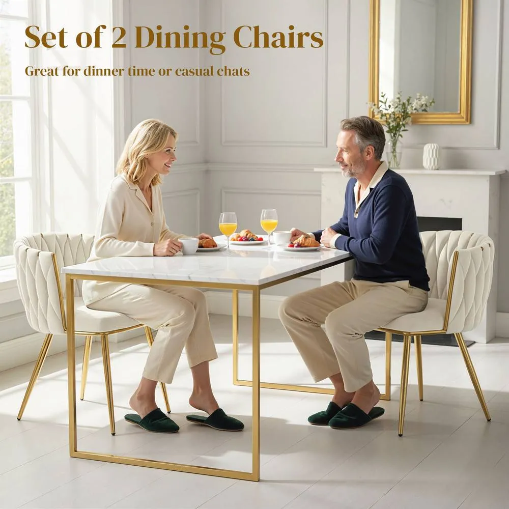 HOMCOM Upholstered Kitchen Chairs Set of 2 with Woven Backrest in Cream 4