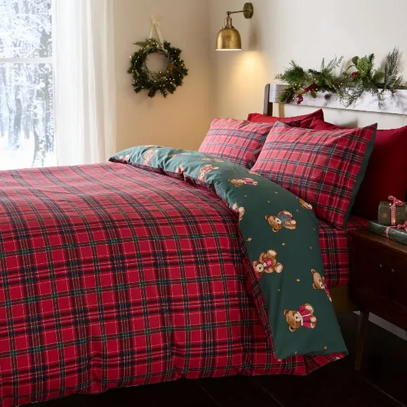 Catherine Lansfield Christmas Tartan Teddy Bear Duvet Cover & Pillowcase Set 3