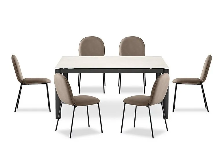 Rosa 160cm Medium Extending Dining Table with Salt White Ceramic Top and Black Metal Legs and 6 Riley Chairs - Desert