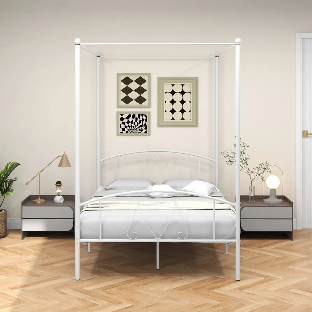 Costway Double Canopy Bed Frame Metal Platform Bed Base w/Headboard Footboard in White 4