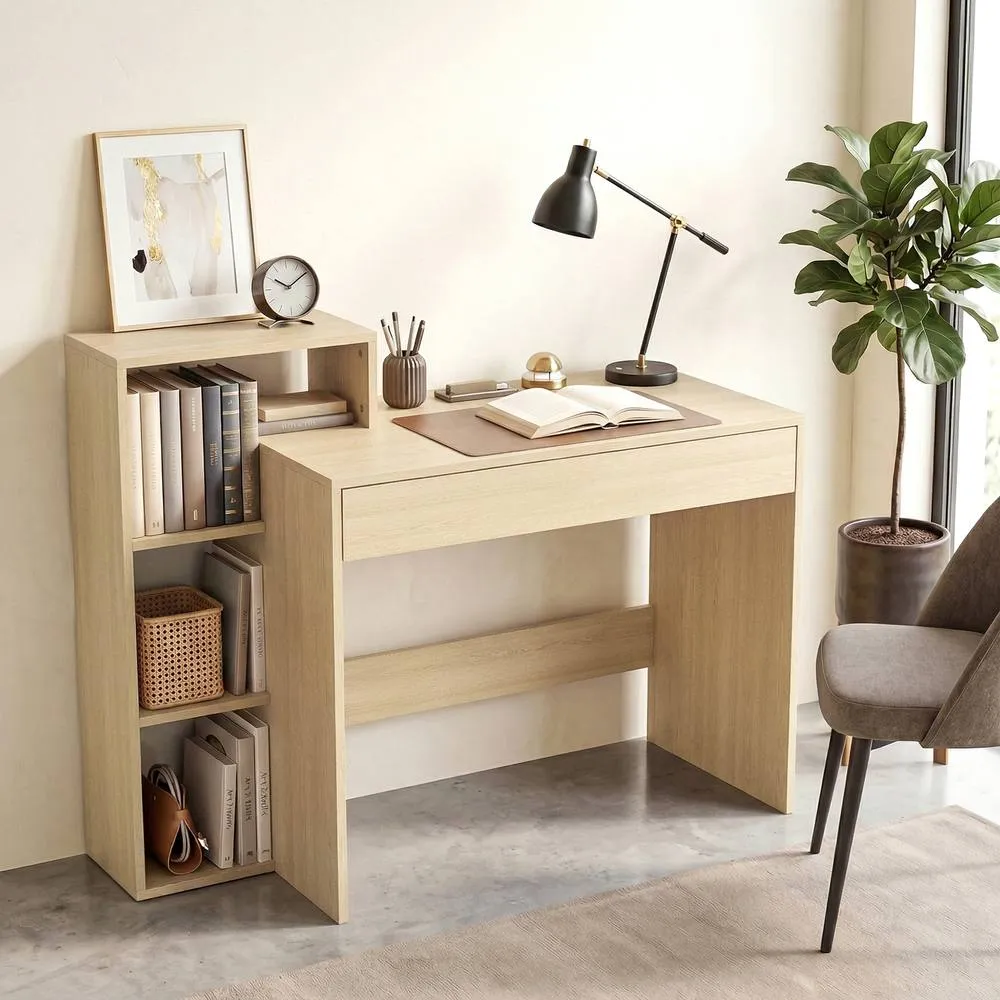 HOMCOM Computer Desk with 3 Open Shelves & Drawer, Natural 2