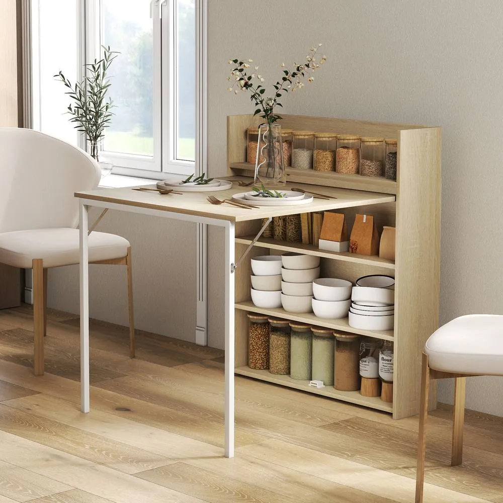 HOMCOM Folding Dining Table, Kitchen Table with Shelves Oak Wood Effect in Light Oak