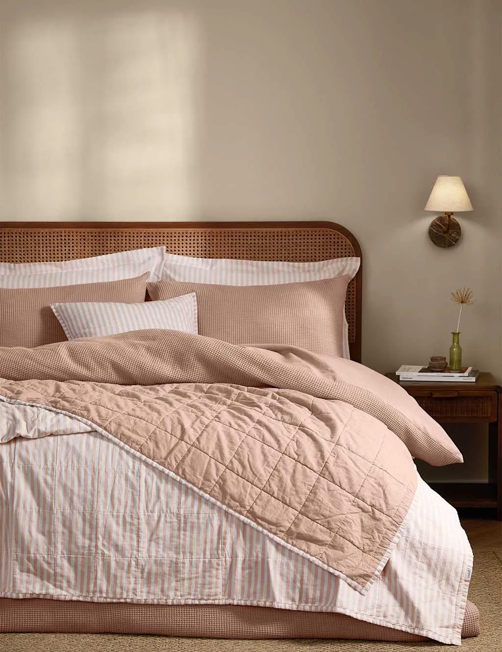 YARD Hebden Washed Striped Quilted Bedspread Soft Pink