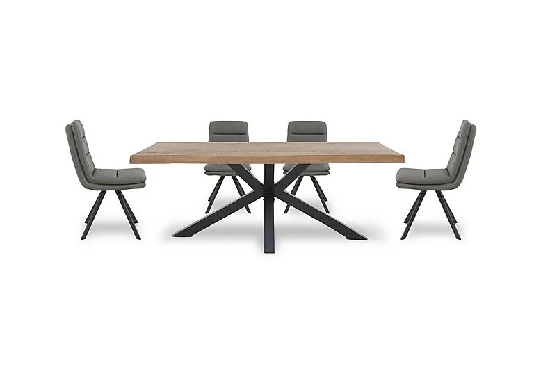 Njord 160cm Compact Raw Edge Dining Table with Metal Star Base and 4 Grey Faux Leather Swivel Chairs - Old Bassano