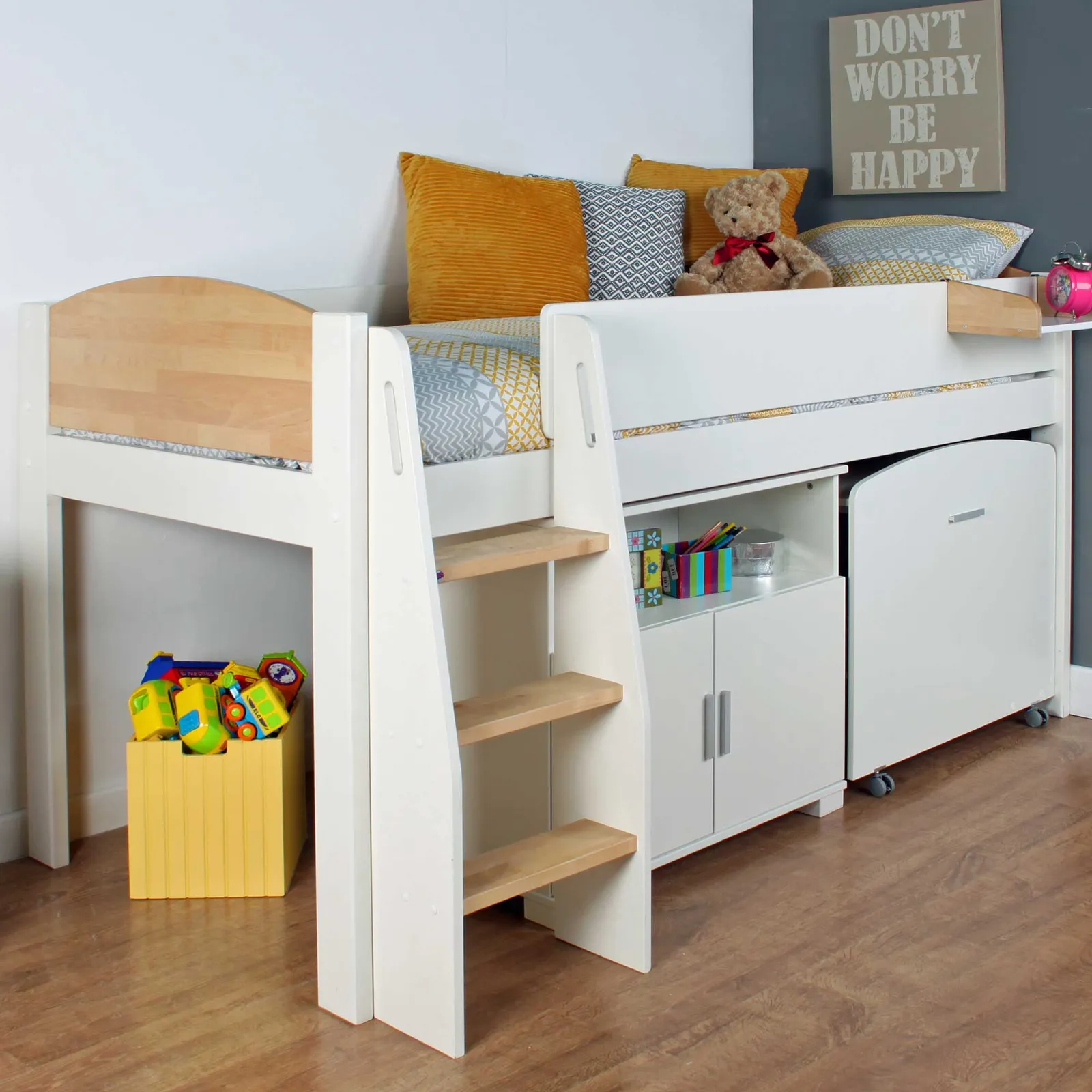 Urban Birch Childrens Midsleeper Bed with pull out Desk and Cupboard
