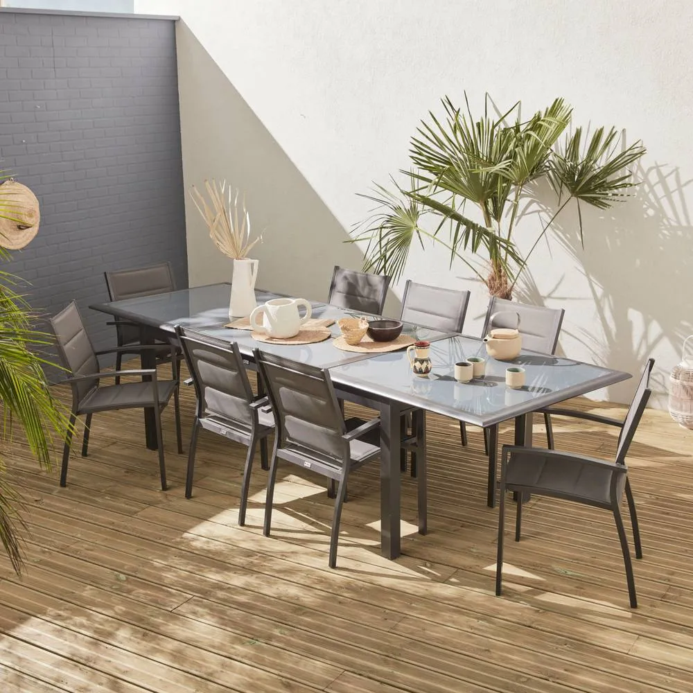 sweeek 8-seater Extendable Aluminium Garden Table Set With Chairs in Dark Grey
