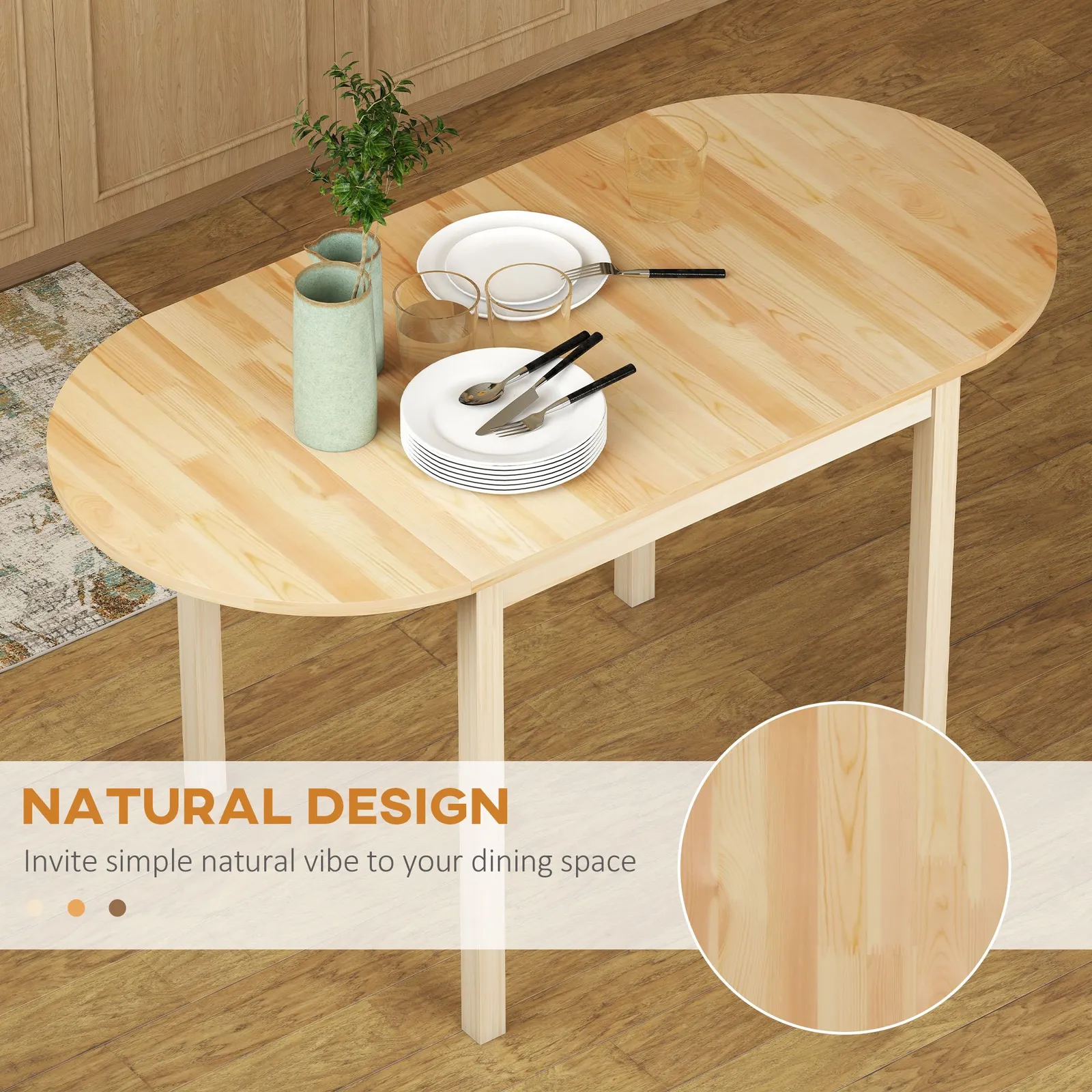 HOMCOM Foldable Dining Table, Solid Wood Drop Leaf Table, Natural 4