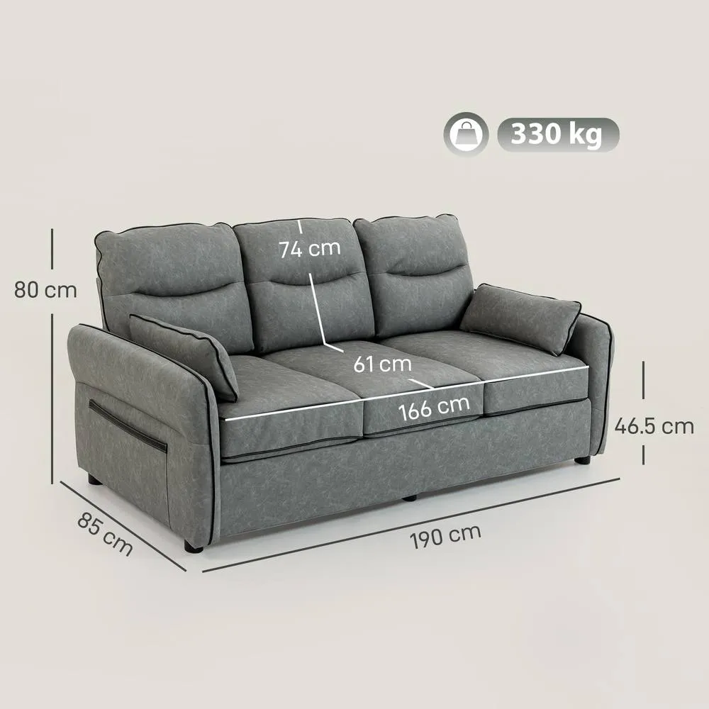 HOMCOM 3 Seater Sofa, Faux Leather Couch with Thicken Cushion, Grey 3