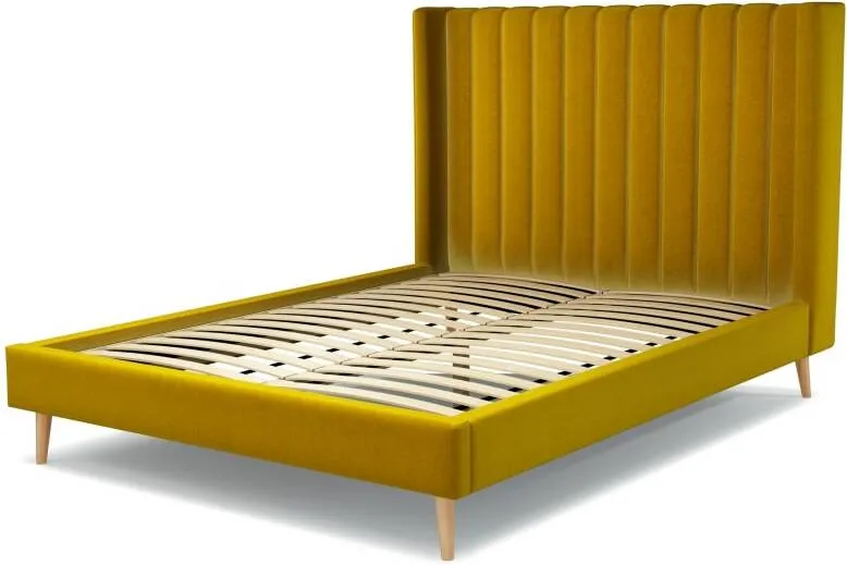Cory King Size Bed, Saffron Yellow Velvet with Oak Legs