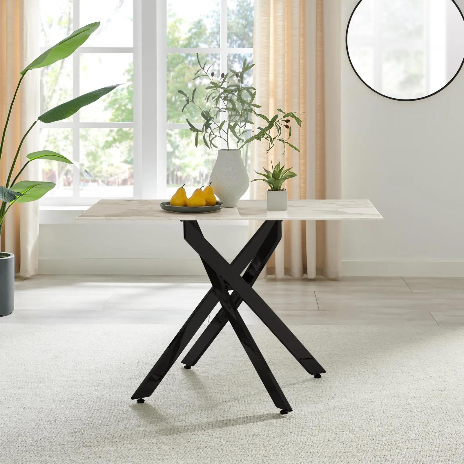 FurnitureboxUK Leonardo 4-Seater Dining Table With Marble Effect Glass Top & Black Metal Legs in White 1