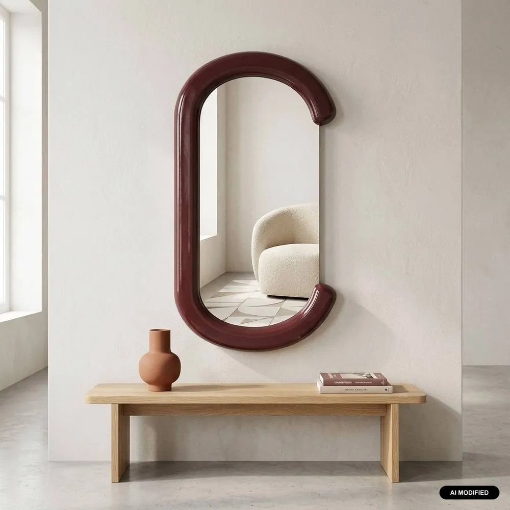 sweeek Oval mirror with wood decor 91cm in Burgundy 1