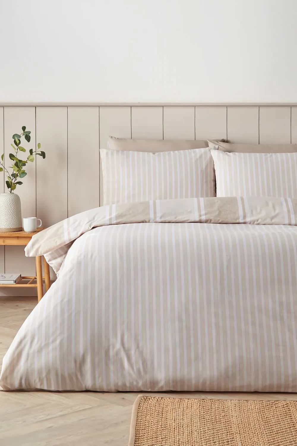 Catherine Lansfield 'Banded Stripe' Reversible Duvet Cover Set in Natural 2