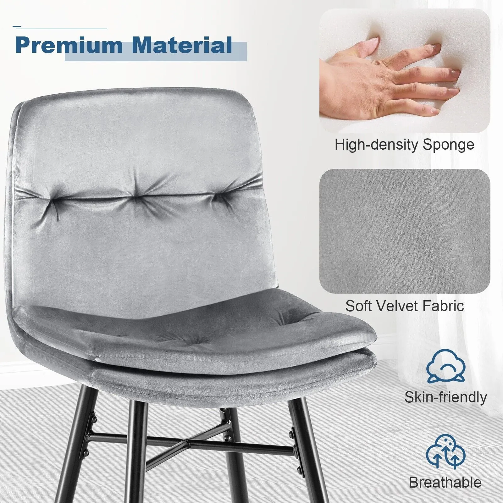 Costway Set of 2 Bar Stools Velvet Counter Height Chair Upholstered High Dining Chairs in Grey 3