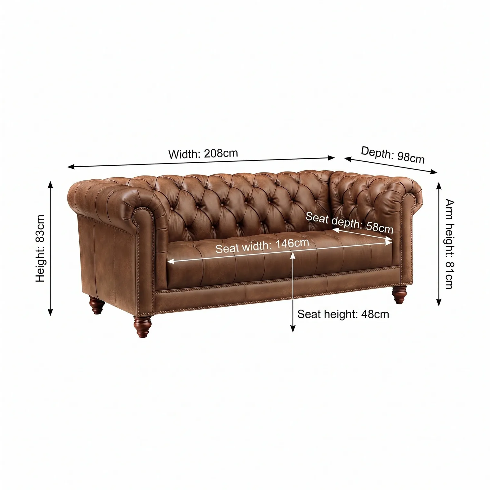 Ullswater 3 Seater Chesterfield Sofa 2034 Dark Rum Fl, Brown Leather | Barker & Stonehouse 5