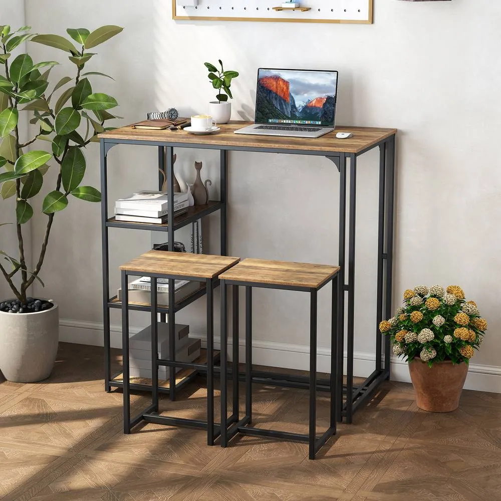 Costway 3-Piece Bar Table Set 2 Person Dining Furniture Set w/2 Stools in Brown