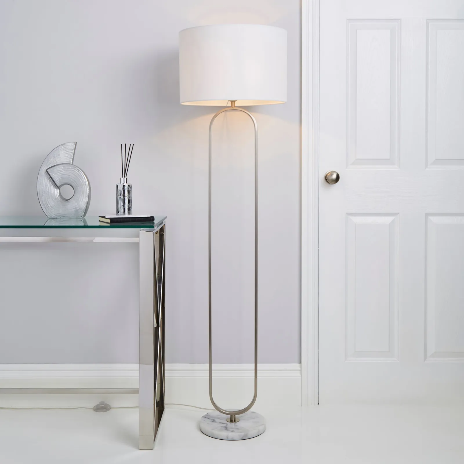 Carrara Real Marble Base Loop Floor Lamp Chrome