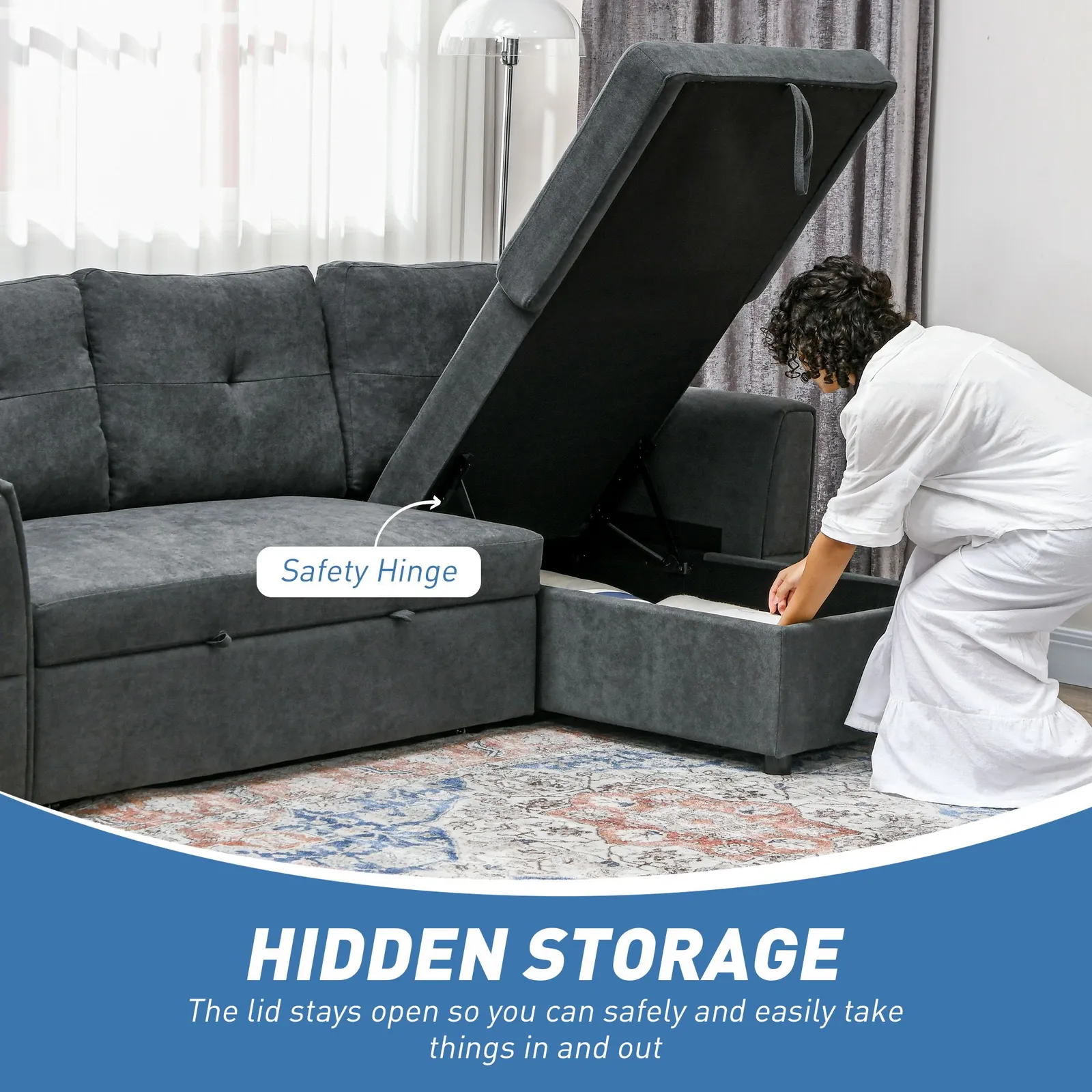 HOMCOM 3 Seater Sofa Bed, Convertible Pull Out Sofa with Storage, Dark Grey 5
