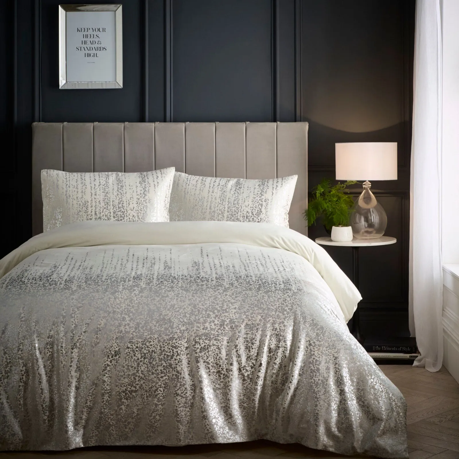 Portfolio Home Marseilles Printed Velvet Metallic Duvet Cover Quilt Set Pillowcase in Cream