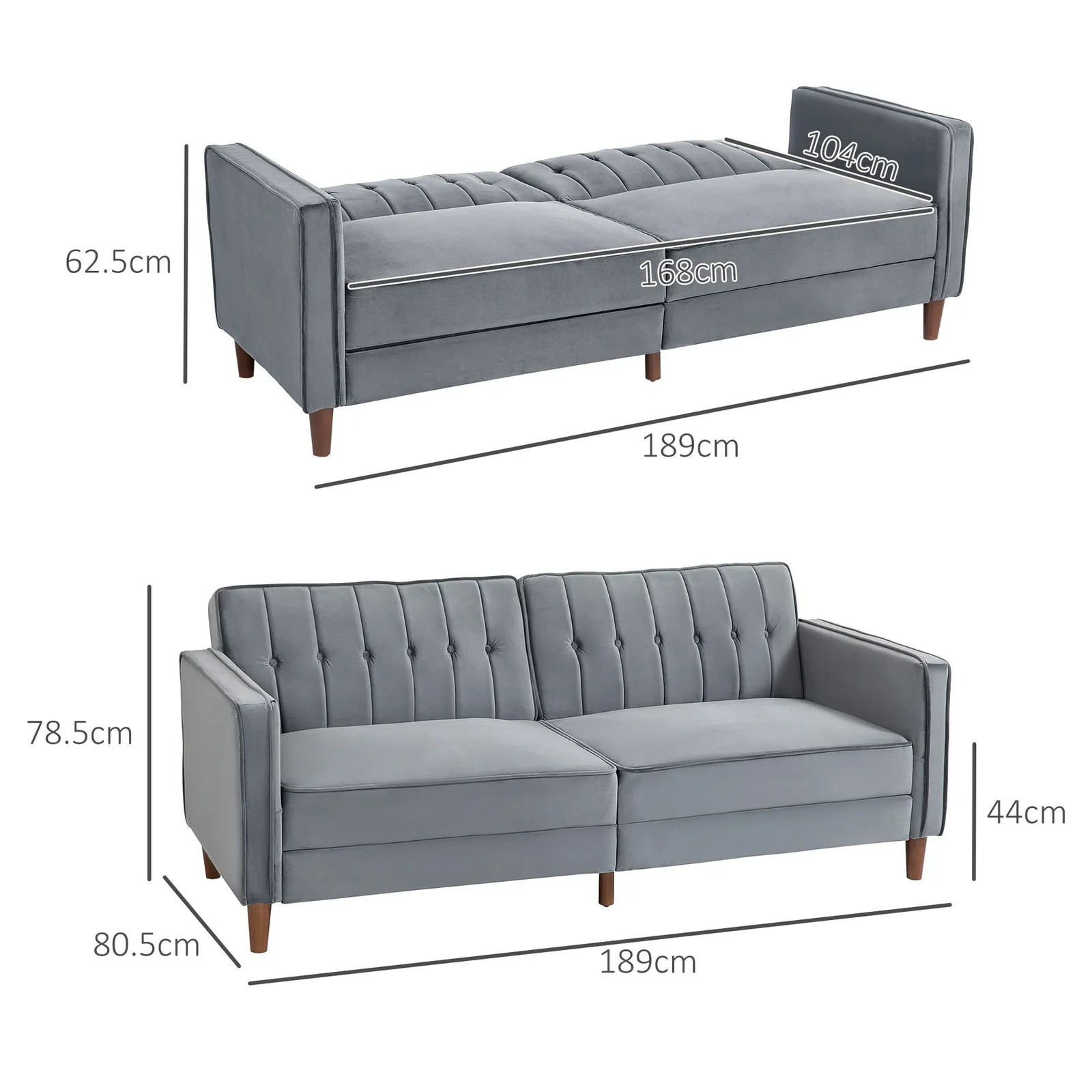 HOMCOM Convertible Sofa Futon Velvet-Touch Tufted Couch Sofa Bed Dark Grey 3