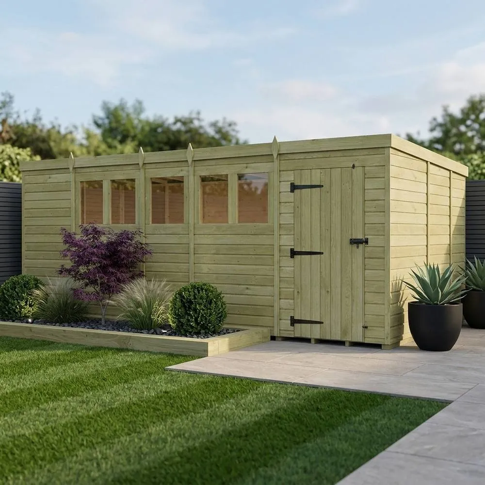 Buttercup Farm 19ft x 9ft Pent Garden Shed Single Door With Windows - Timber in Brown 2